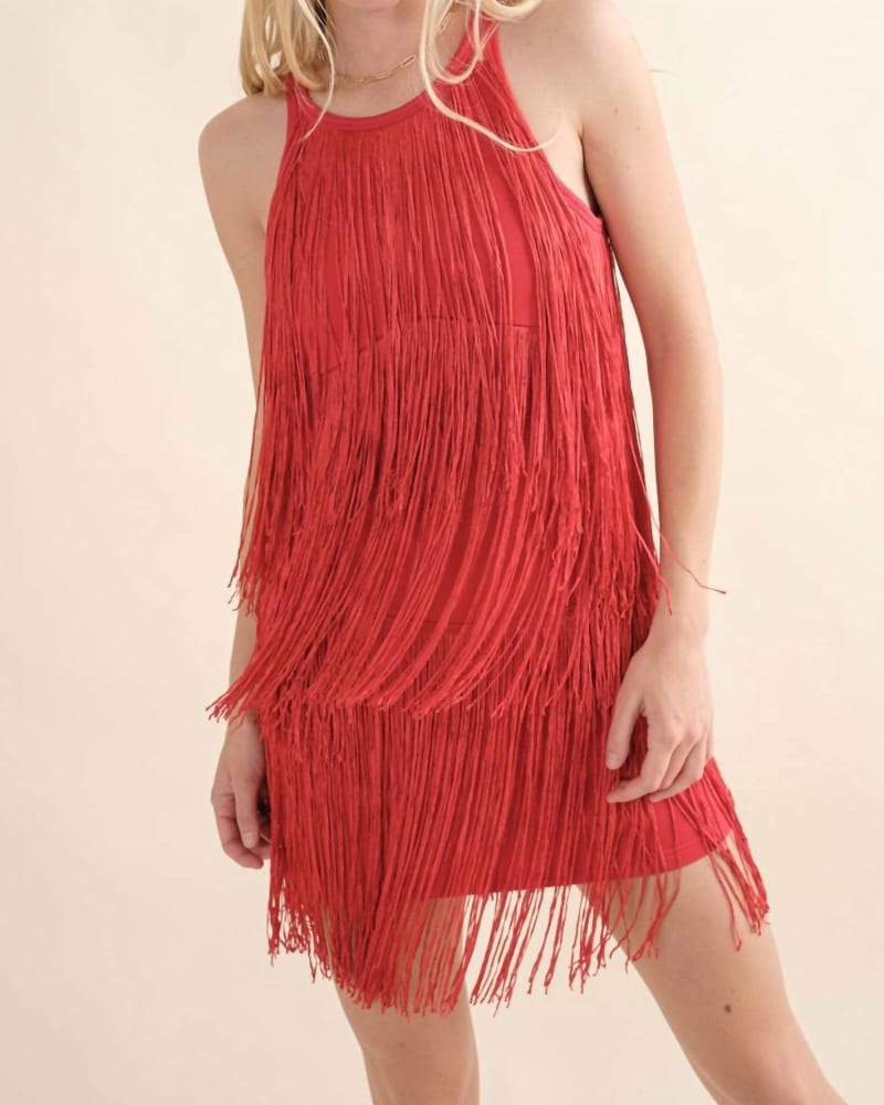 Front of a model wearing a size Large Halter Fringe Dress In Red in Red by Blue B. | dia_product_style_image_id:342840